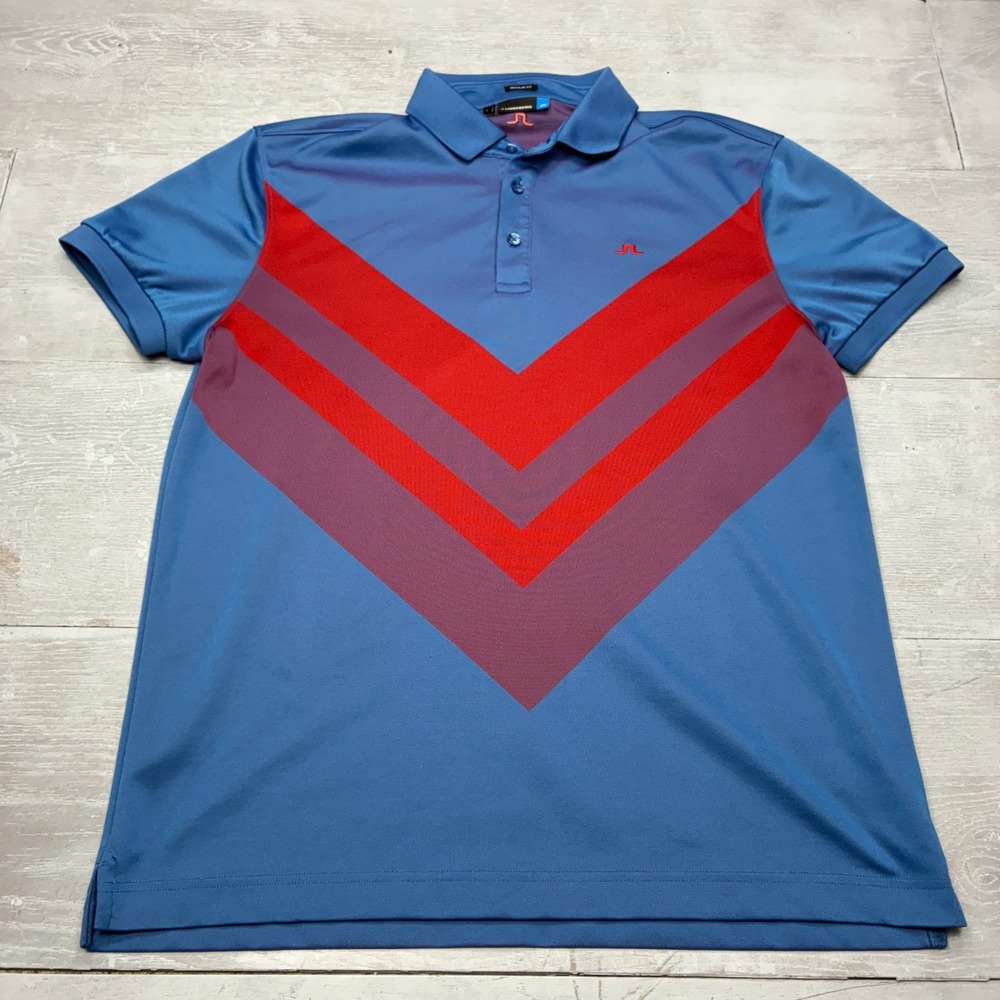 J.Lindeberg Mace Golf Polo Mens Large Blue Red Chevron TX Jacquard Regular Fit
